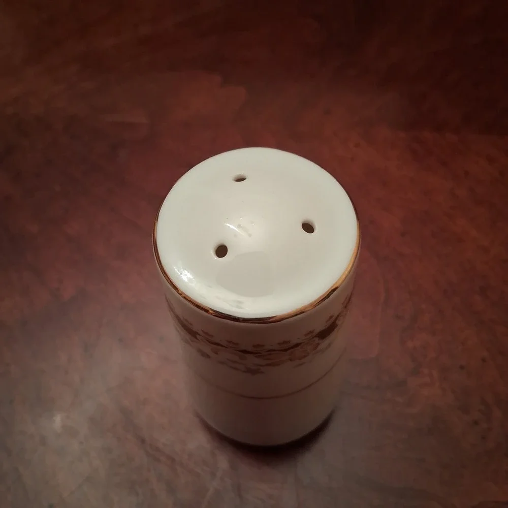 Vintage White Porcelain Pepper Shaker Floral Gold Trim Band 3 Hole Stopper